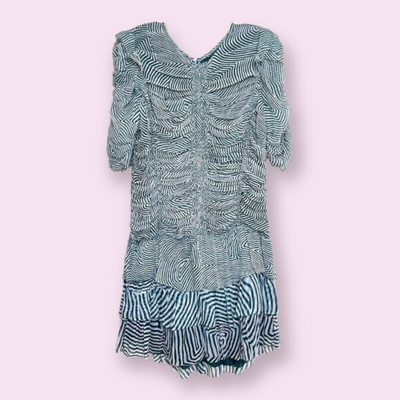 Isabel Marant Etoile Damia Ripple Print Ruched Tiered Silk Mini Dress Green 42 - Picture 2 of 11